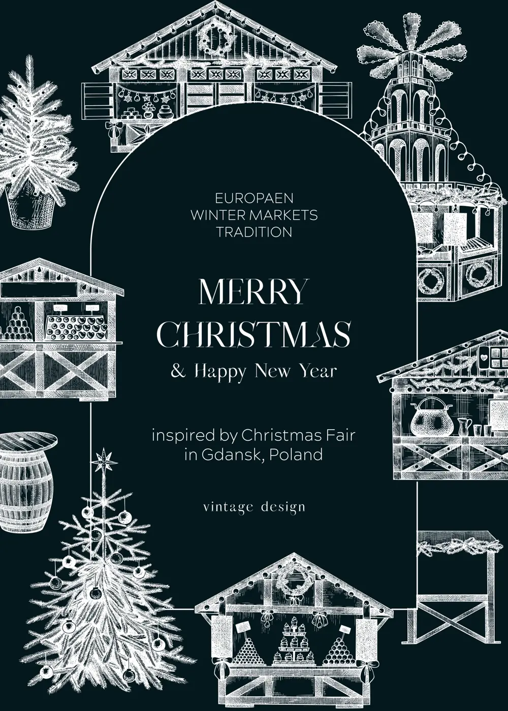 Christmas market frame design on chalkboard. Traditional European Christmas market with souvenir stalls, Christmas tree, candy shops sketches. Winter holidays invitation or greeting card template. Illustration